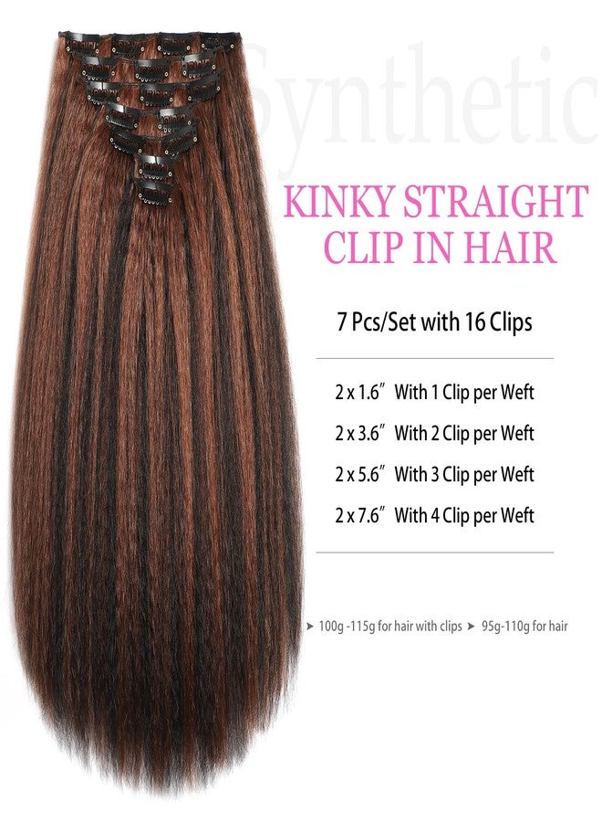 Vlliyava 16 Inch Yaki Straight Clip in Hair Extensions, Synthetic 7 PCs Seamless Highlights Black and Brown Kinky Straight Clip ins Hair Extension for Black Women(1B/30) - Image 2